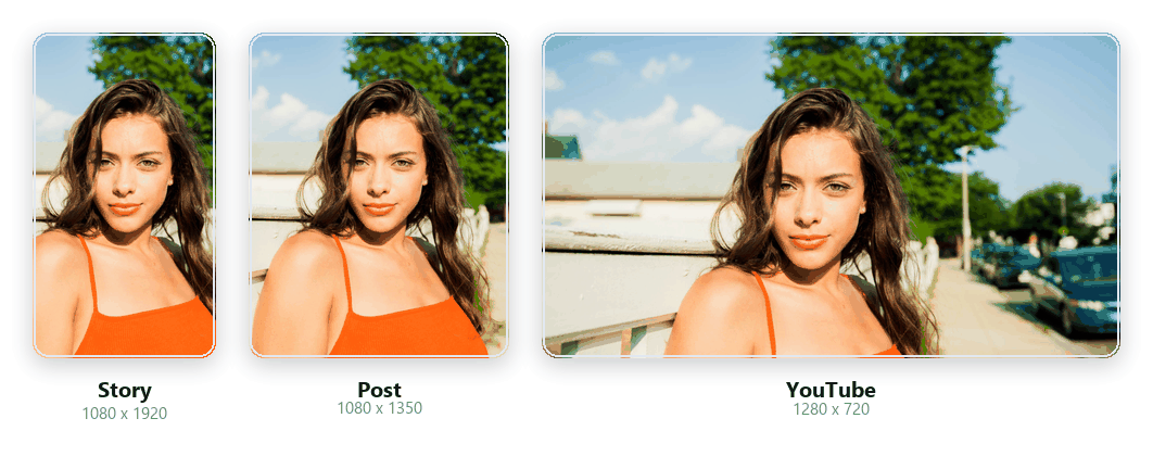 One photo rendered into three ready-to-post sizes at once: Instagram Story, Instagram Post and a YouTube thumbnail