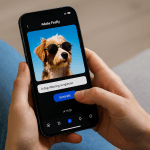 Person using Adobe Firefly mobile app on smartphone to generate AI image of a dog in sunglasses