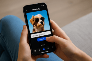 Person using Adobe Firefly mobile app on smartphone to generate AI image of a dog in sunglasses