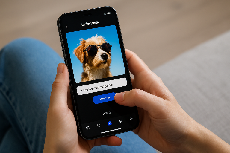 Person using Adobe Firefly mobile app on smartphone to generate AI image of a dog in sunglasses