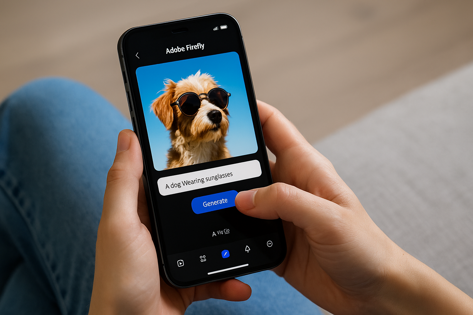 Person using Adobe Firefly mobile app on smartphone to generate AI image of a dog in sunglasses