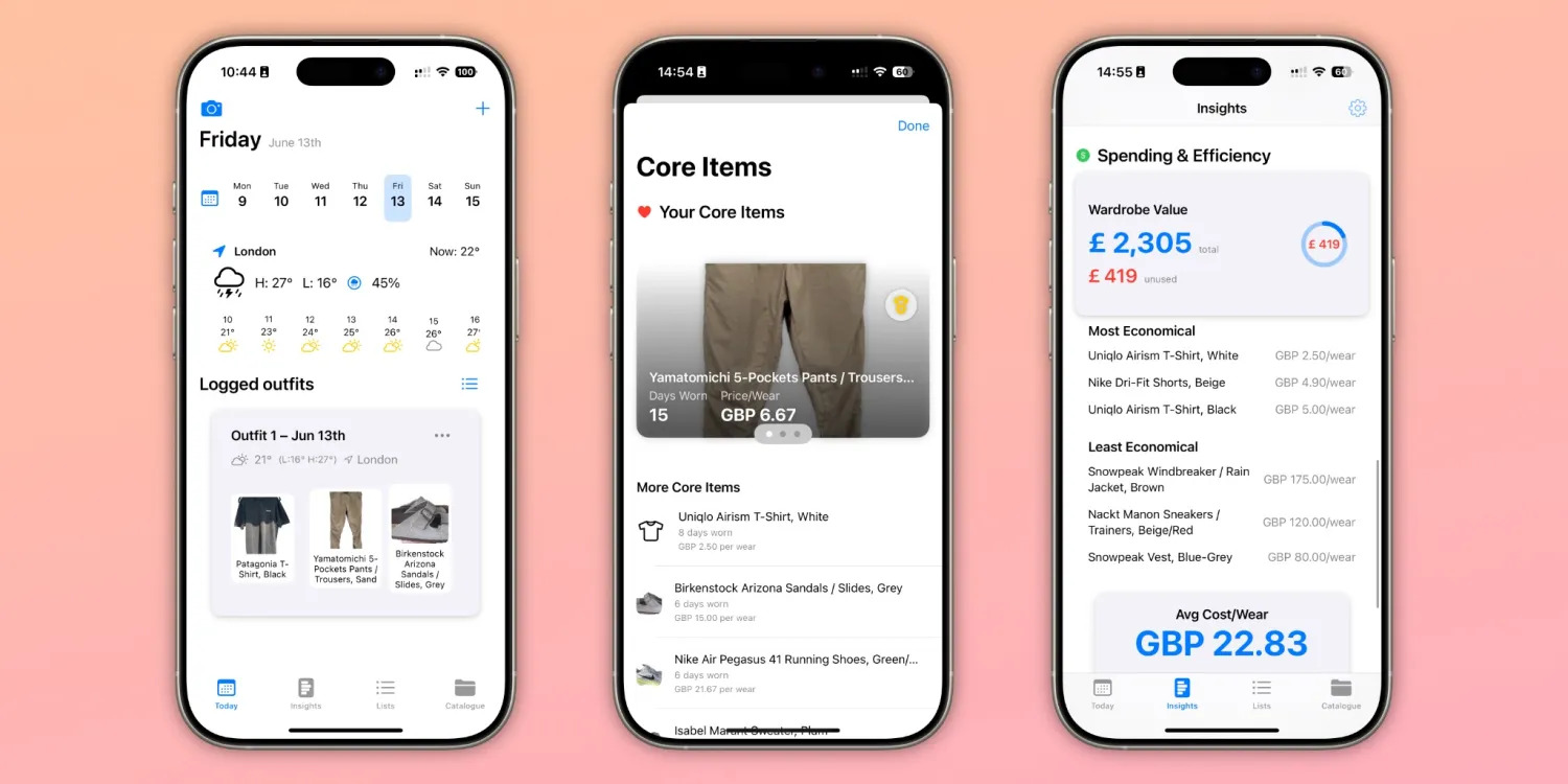 Screenshot of ClosetLog app showing wardrobe usage stats and outfit planning interface