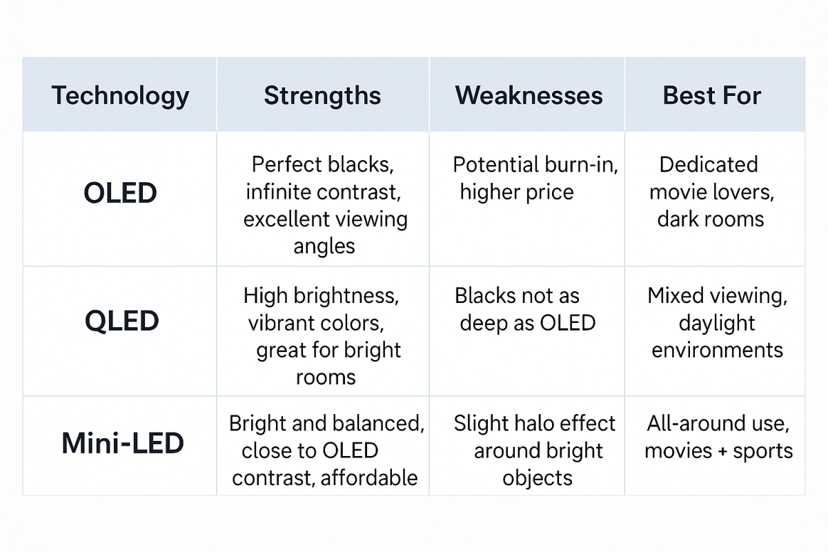 OLED vs QLED vs Mini-LED comparison 2025