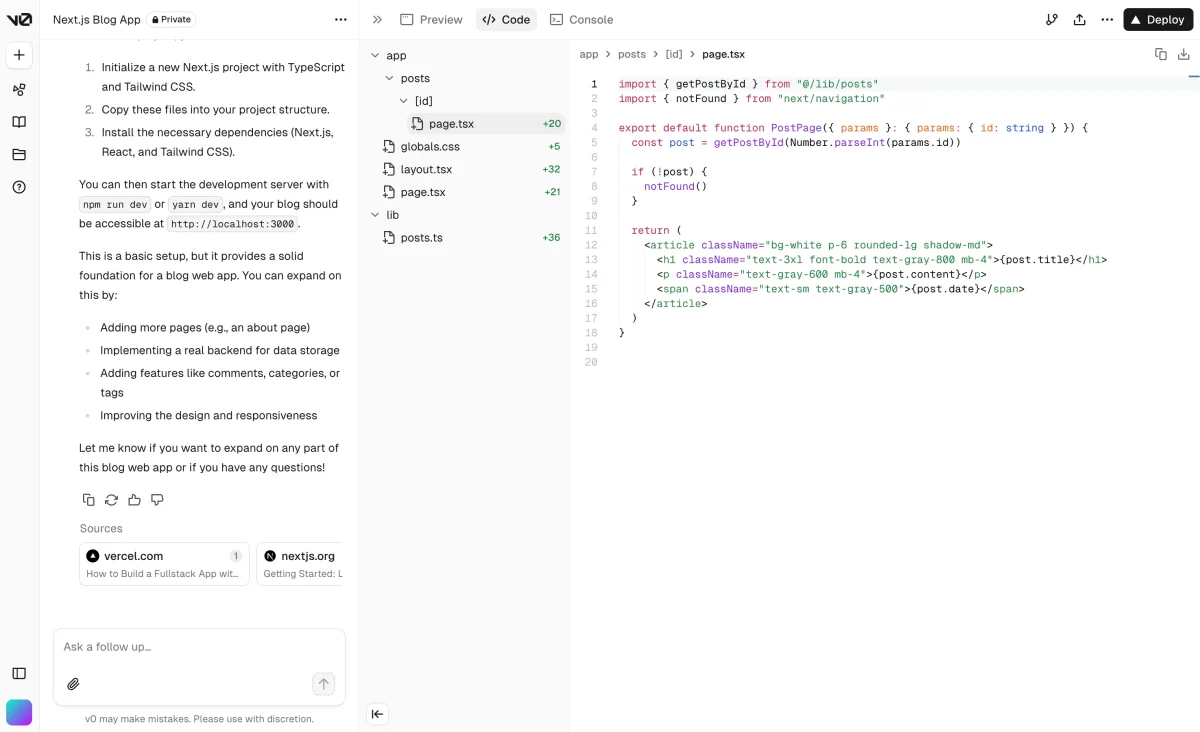 The v0 prompt-to-UI view