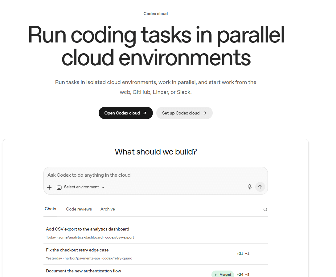 Codex cloud dashboard showing parallel chats and code reviews