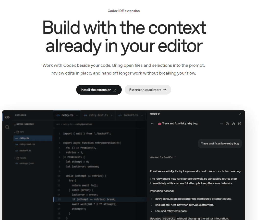 Codex IDE extension sidebar showing a fixed retry bug