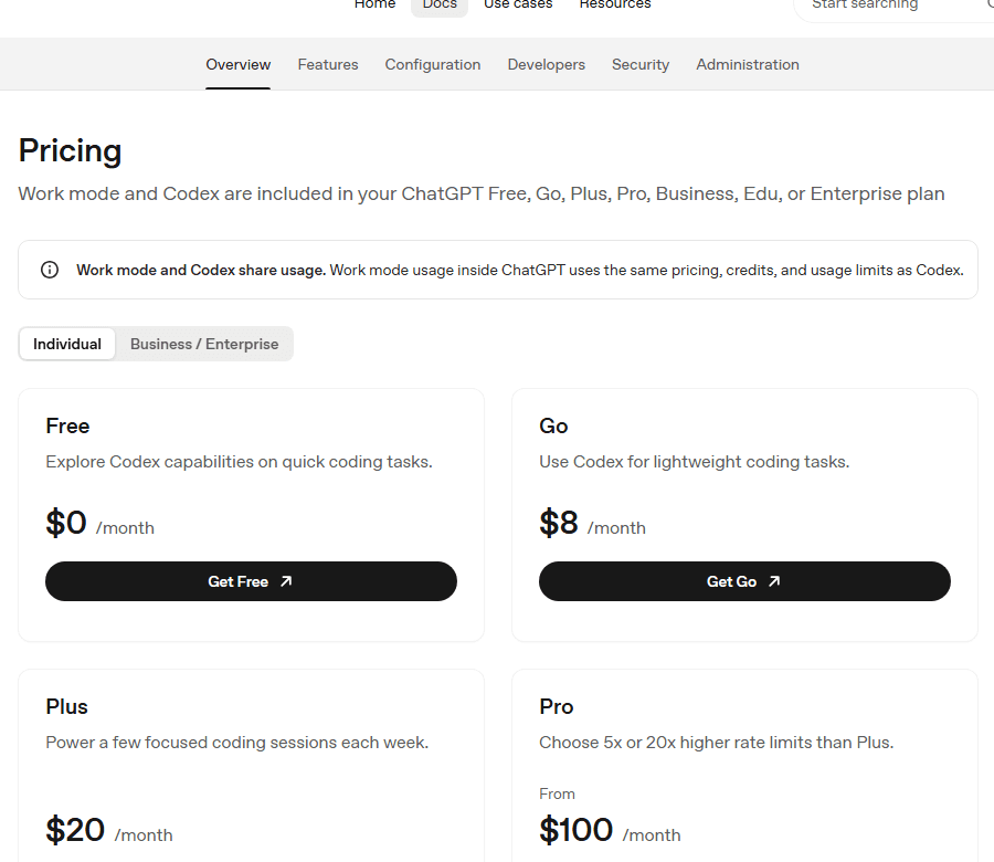 Codex pricing cards showing Free, Go, Plus, and Pro tiers