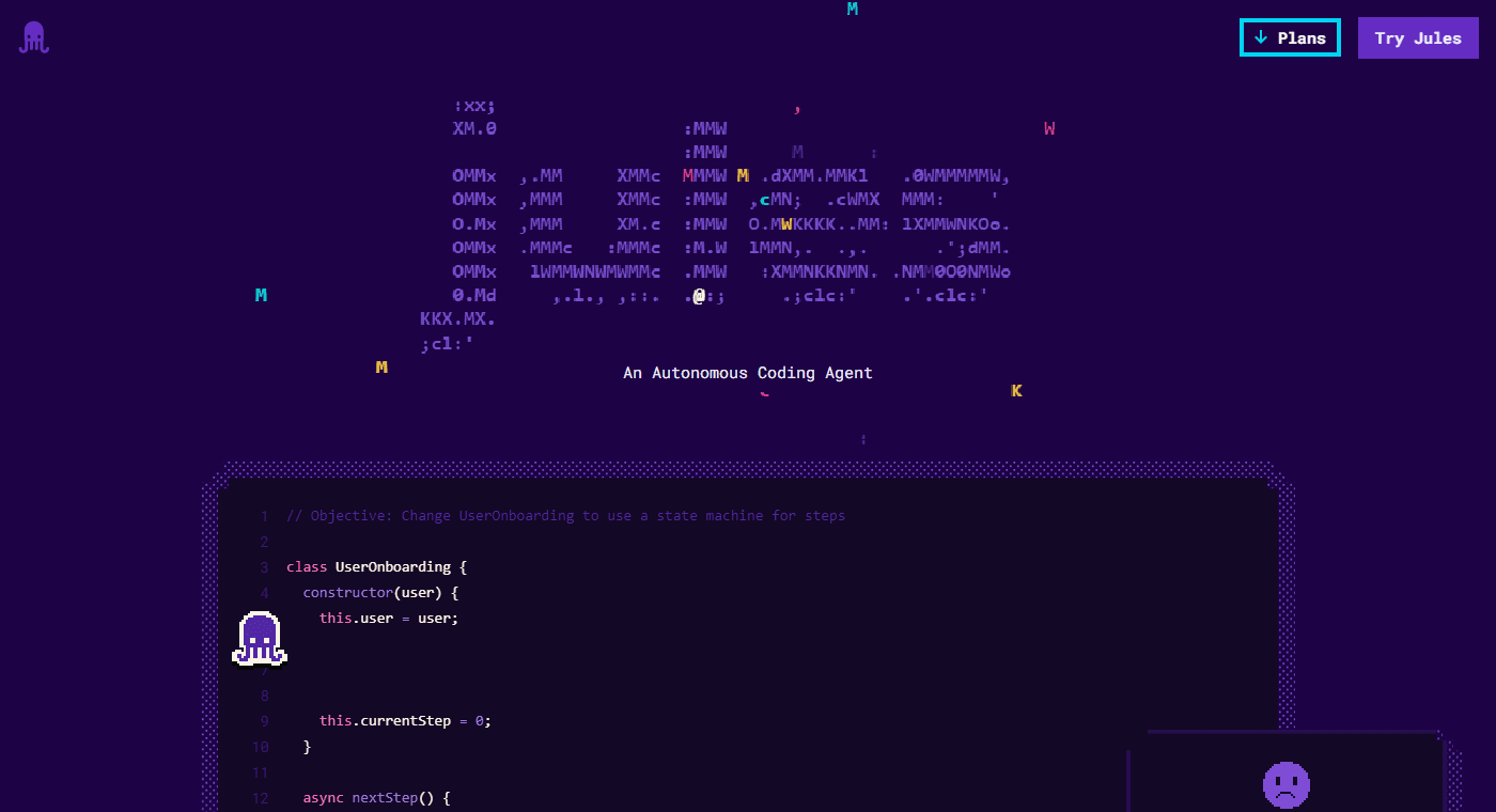Jules homepage showing the code editor mockup and task tags